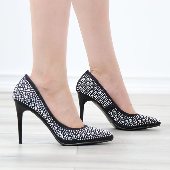 Sparkly Diamond Rhinestone Glitter  Black Pointy Toe Needle High Heel Stiletto - Picture 3 of 15
